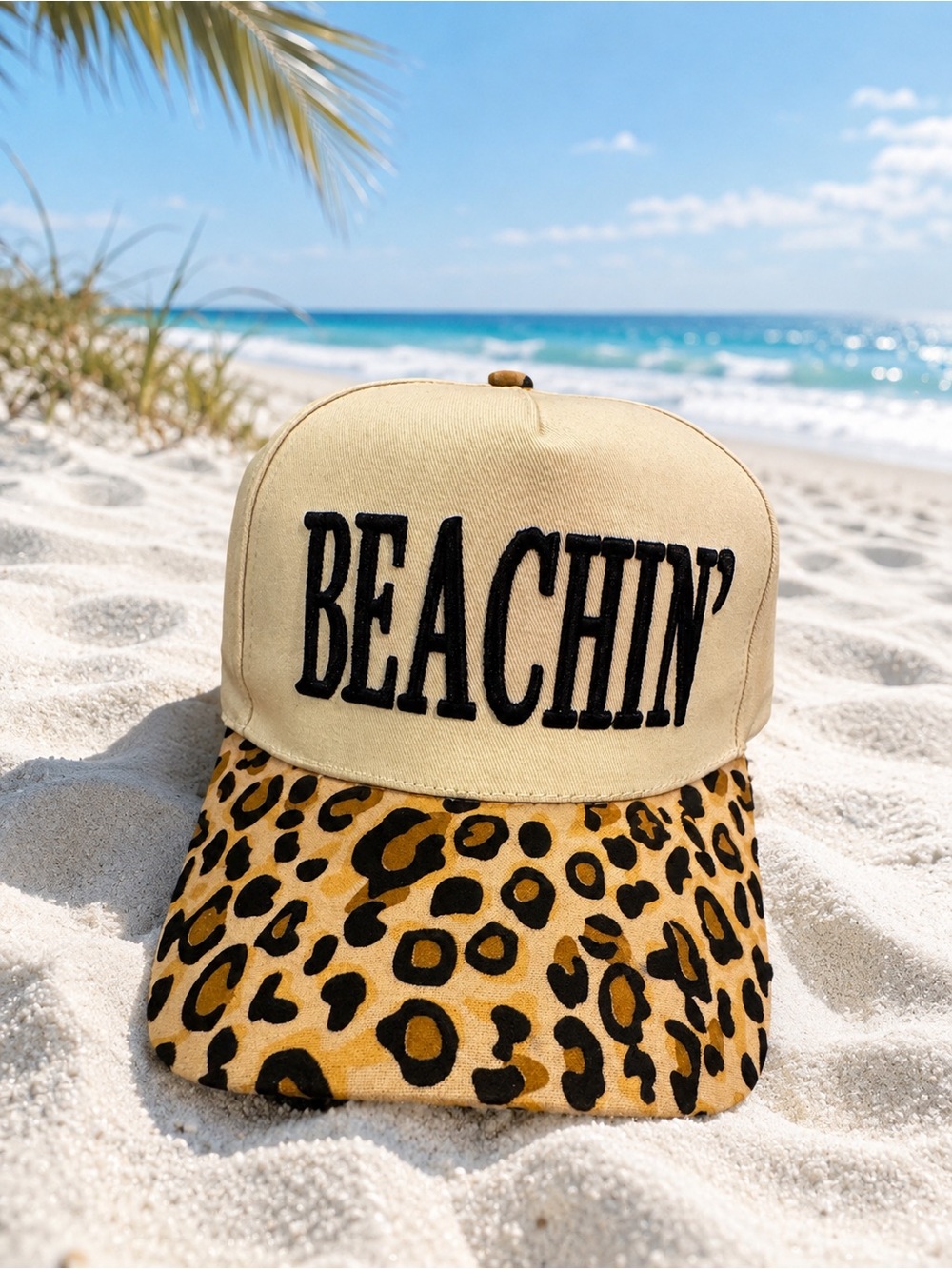 Beige and Leopard BEACHIN'' Hat NWT